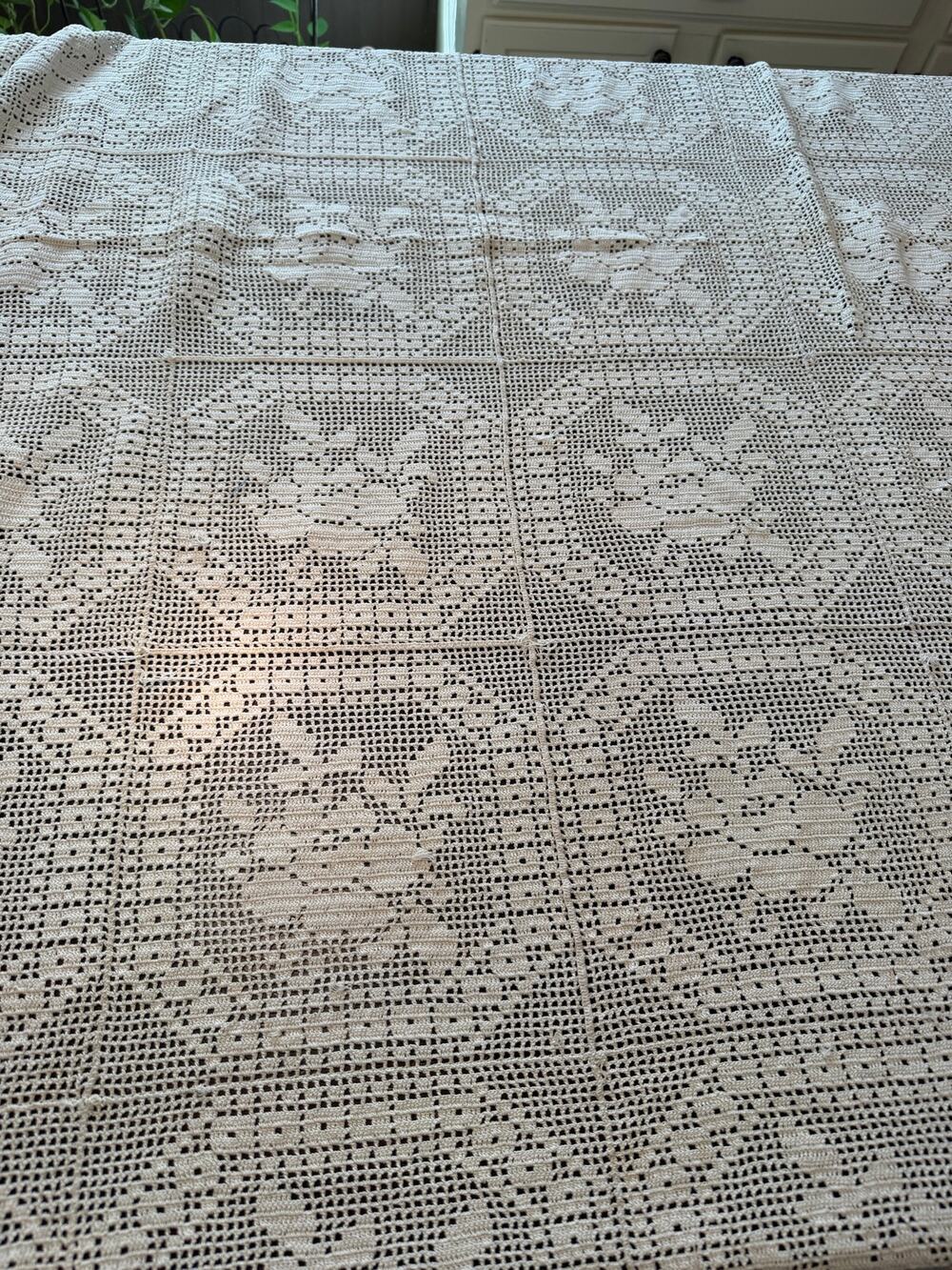 Vintage Handmade Filet Crochet Lace Bedspread/Coverlet Tablecloth -Floral Fringe